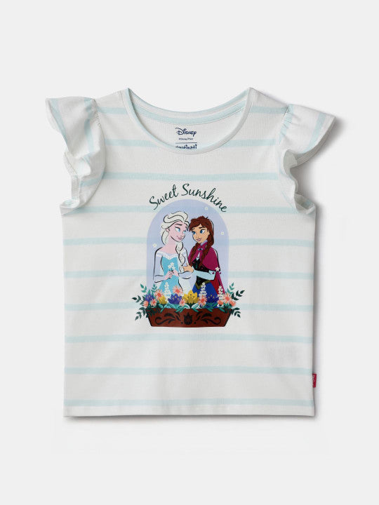 Nautinati Girls' Cotton Frozen Print & Striped Ruffle Sleeves T-shirt