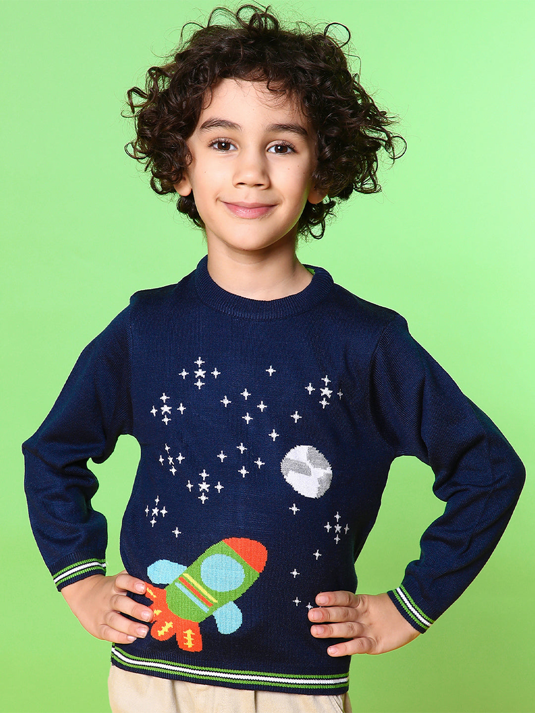 Nautinati Boys Navy Blue White Printed Pullover Sweater