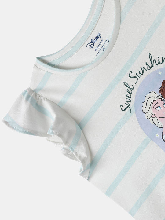 Nautinati Girls' Cotton Frozen Print & Striped Ruffle Sleeves T-shirt