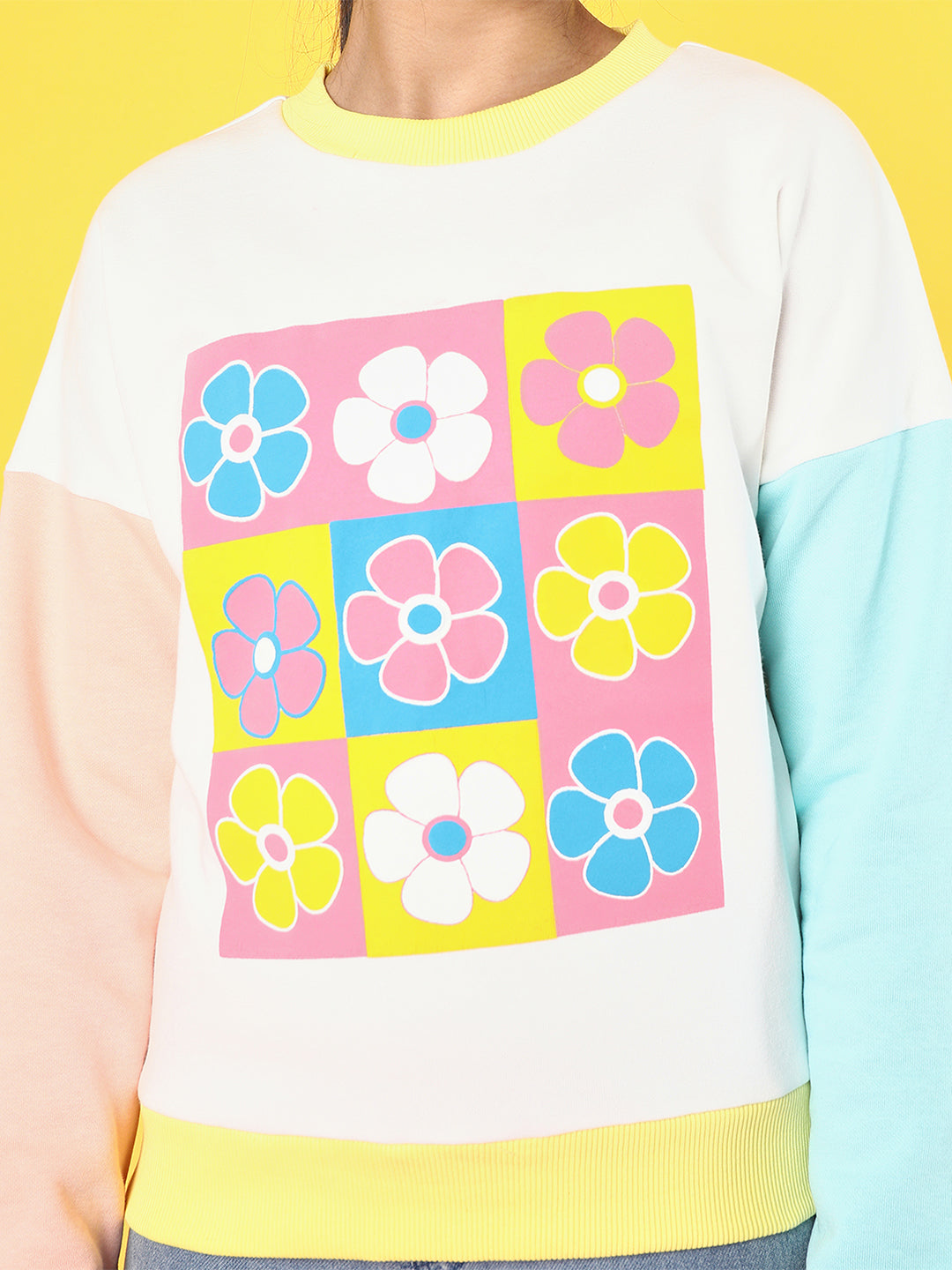 Girls Floral Printed Colourblock Sweatshirt