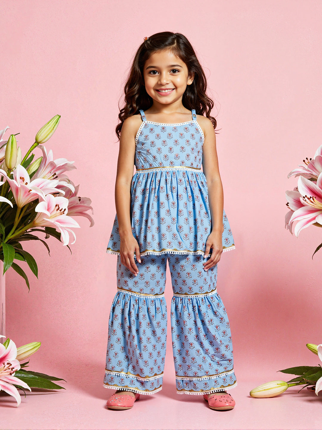 Nautinati Girls' Cotton Festive Printed Top and Sharara Set | Age 2 - 10 Years