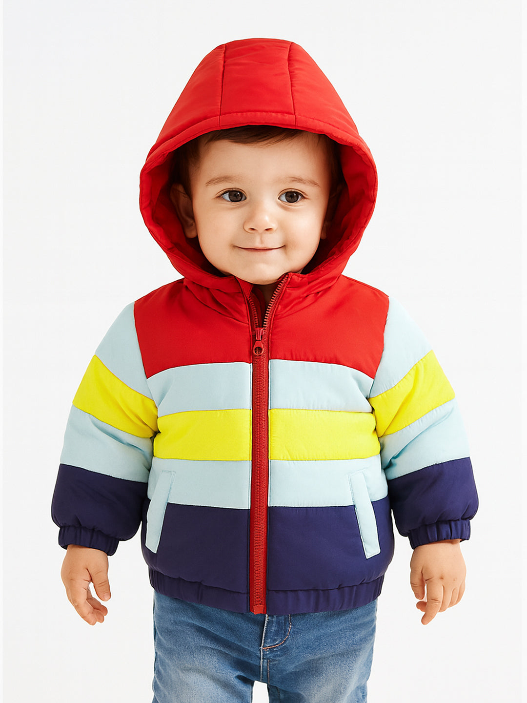 Nautinati Striped Multicolour Hooded Puffer Jacket for Boys