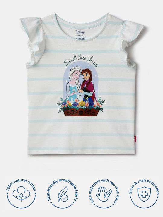 Nautinati Girls' Cotton Frozen Print & Striped Ruffle Sleeves T-shirt