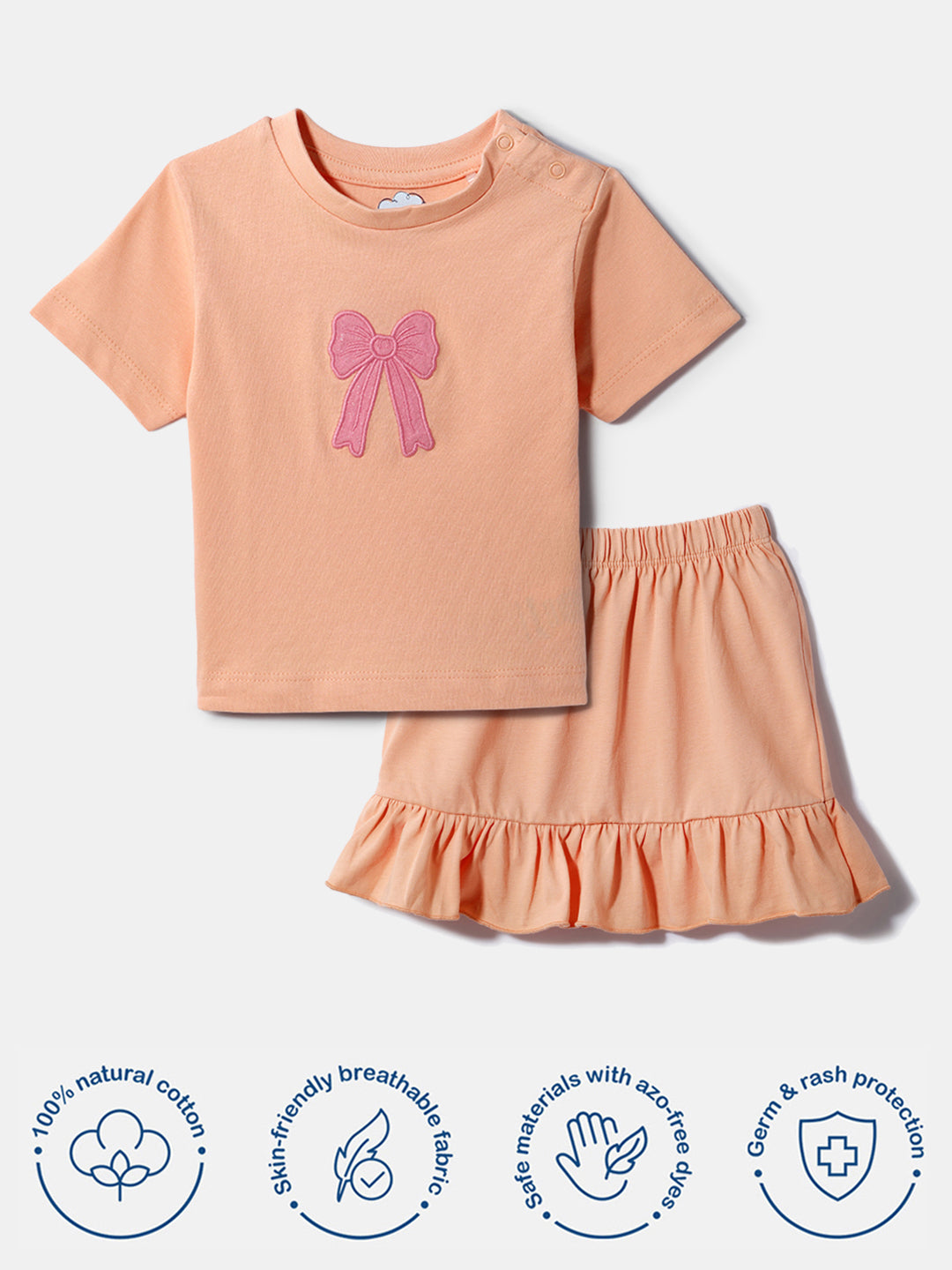 Nautinati Girls' Cotton Bow Embroidered Top and Skirt Set | Age 0 - 2 Years