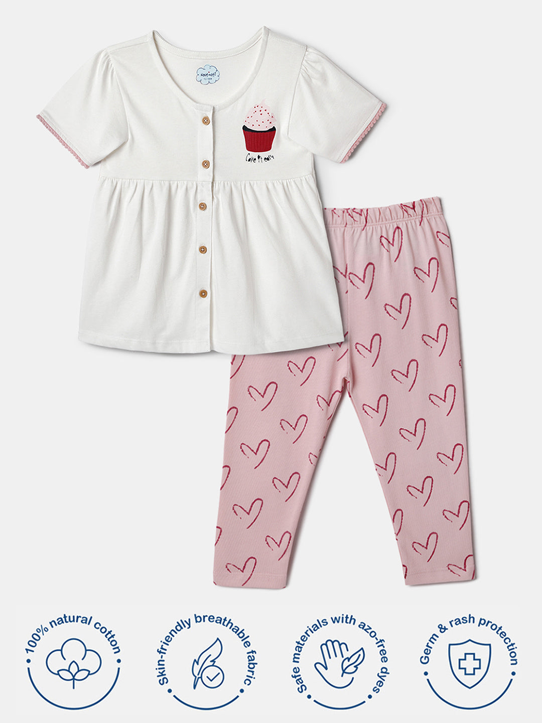 Nautinati White and Pink Printed  Top and Leggings Set for Girls