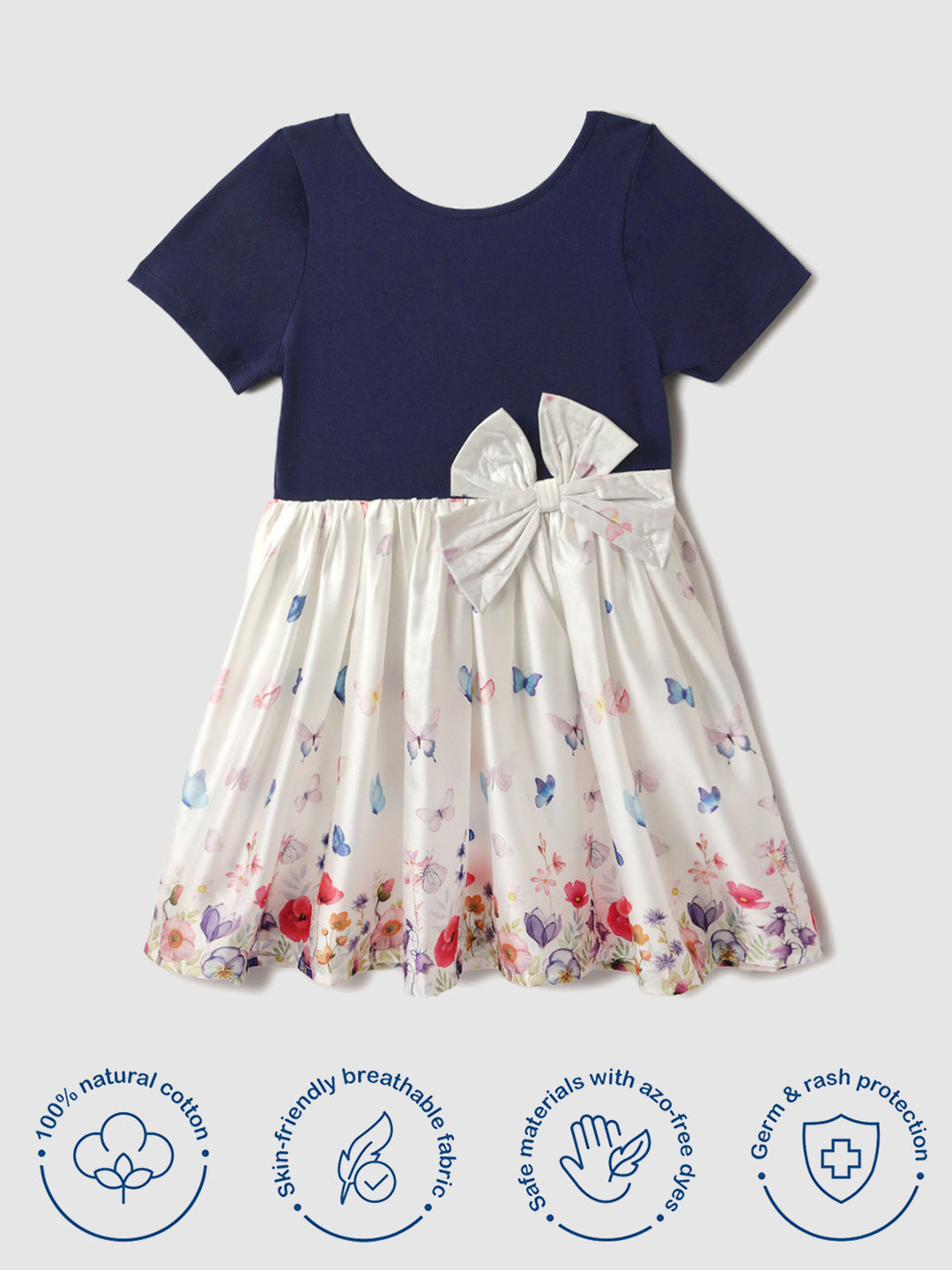 Nautinati Blue & White Japanese Satin Dress With a Bow for Girls