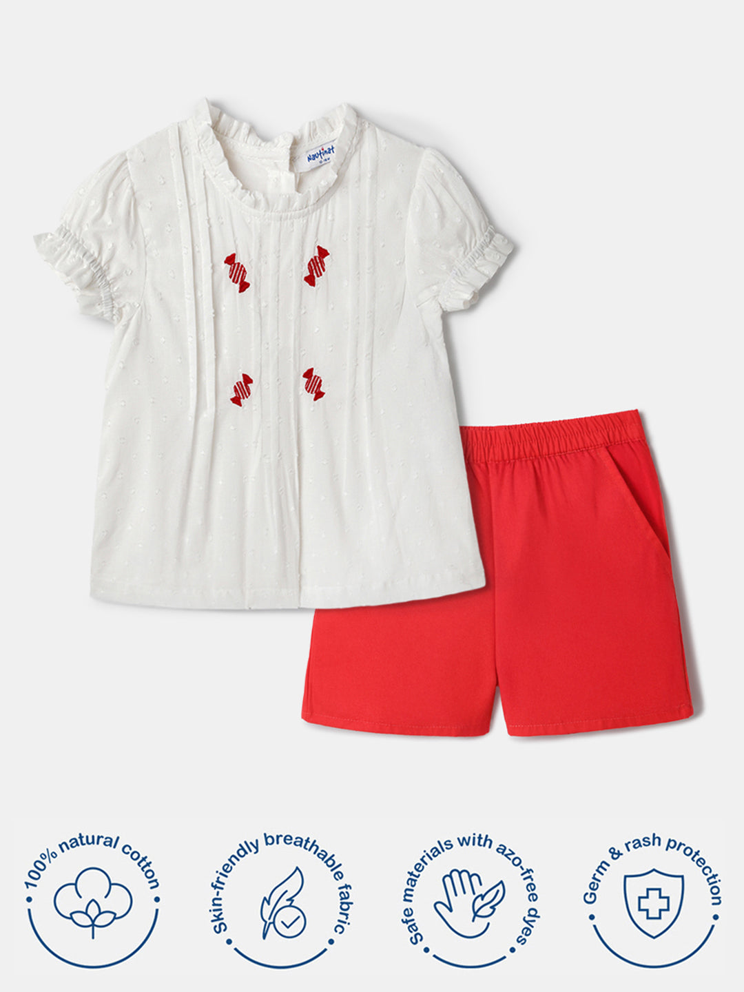 Nautinati Embroidered White Top and Red Shorts Set for Girls
