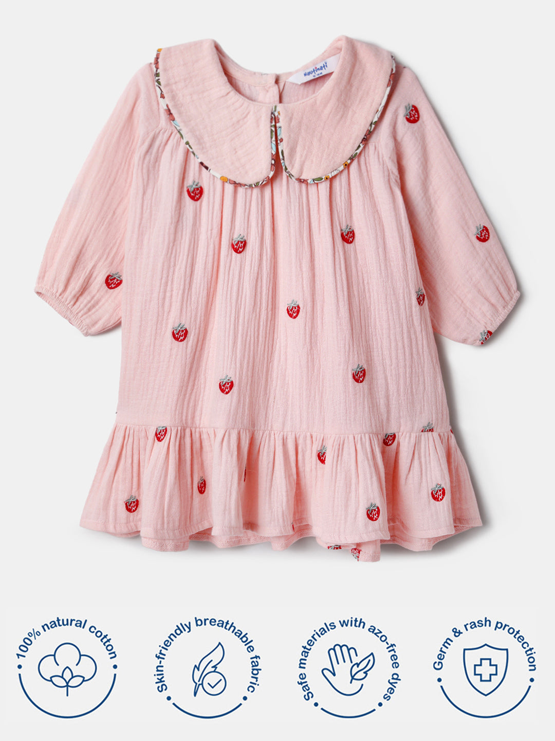 Nautinati Baby Pink Strawberry Embroidered Dress for Infant Girls