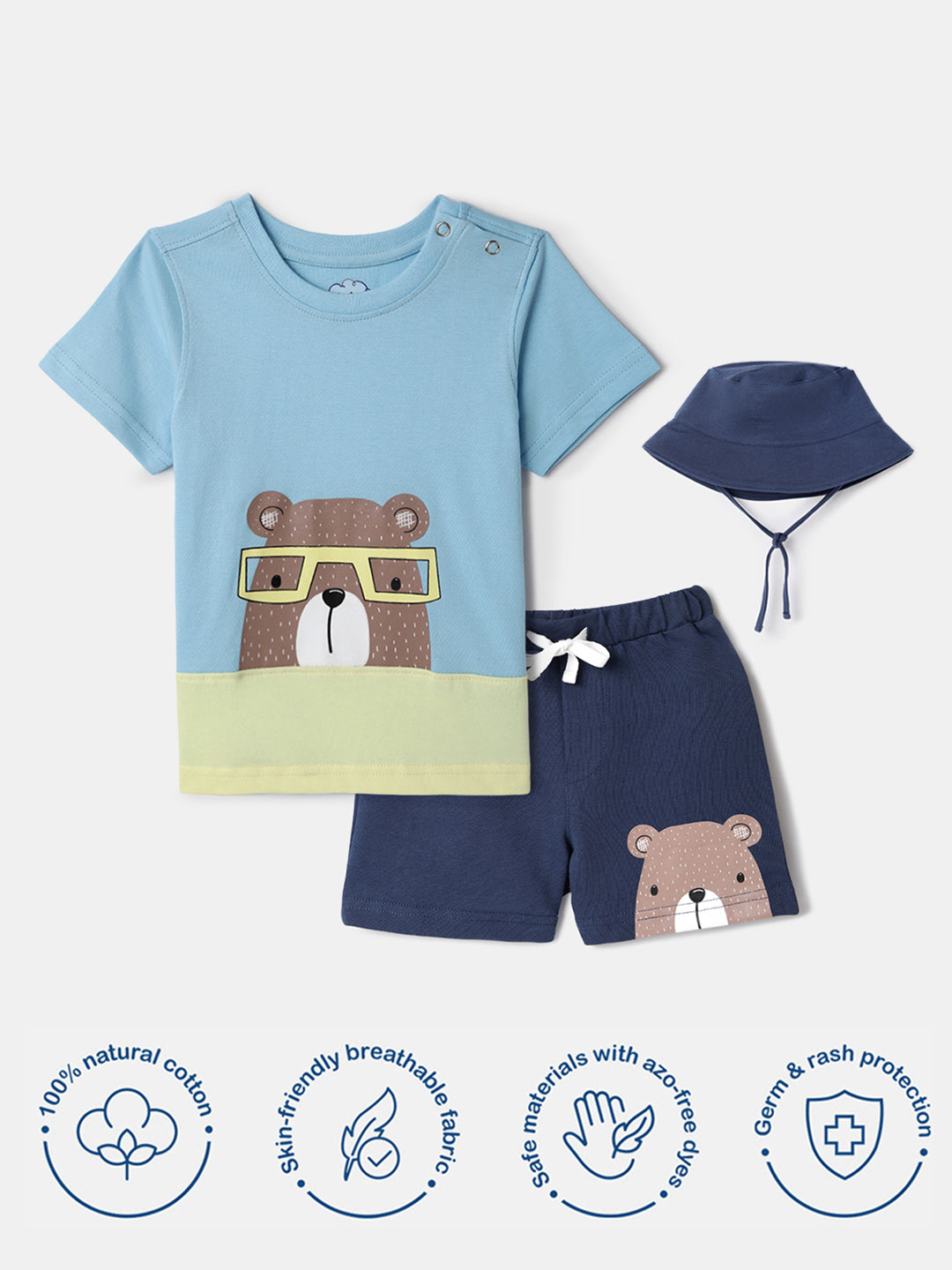 Nautinati Blue Colourblocked and Bear Print  T-shirt and Shorts Set With Bucket Hat for Boys