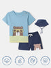 Nautinati Blue Colourblocked and Bear Print  T-shirt and Shorts Set With Bucket Hat for Boys