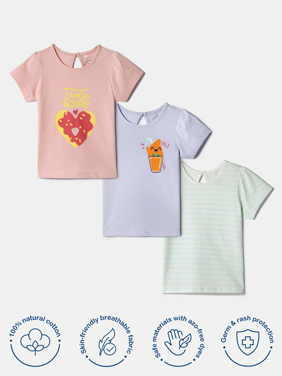 Nautinati Girls' Cotton Tops | Pack of 3 | Printed and Striped| Age 0 - 2 Years