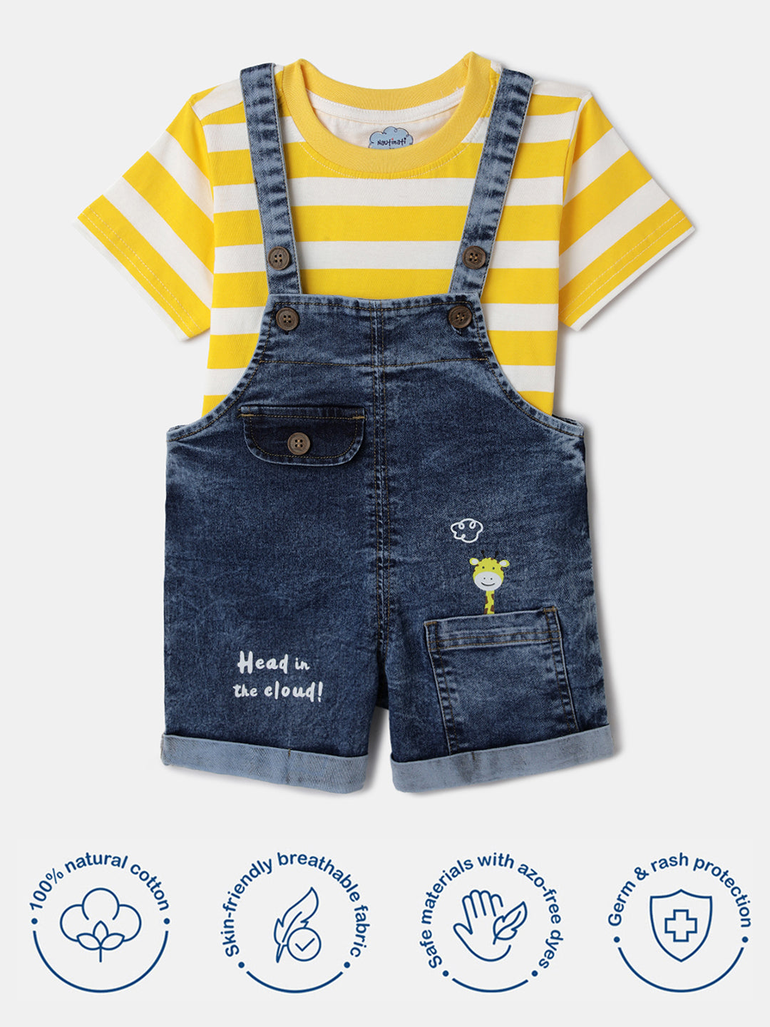 Nautinati Striped Yellow T-shirt and Blue Denim Dungaree Set for Boys