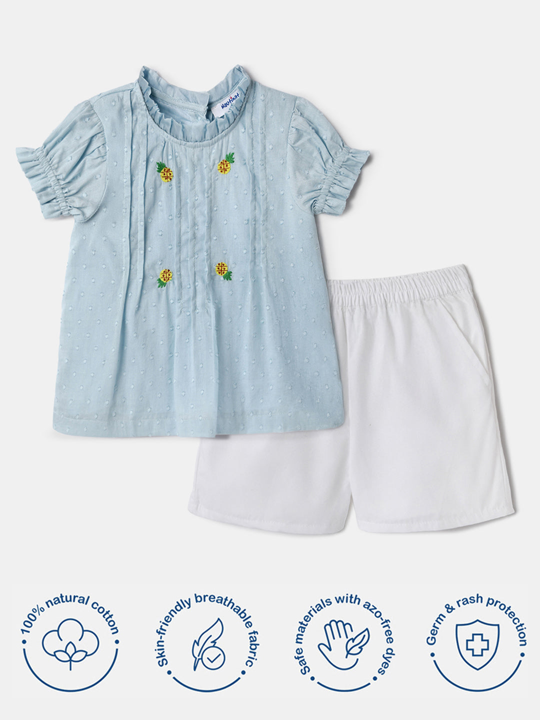 Nautinati Embroidered Blue Top and White Shorts Set for Girls