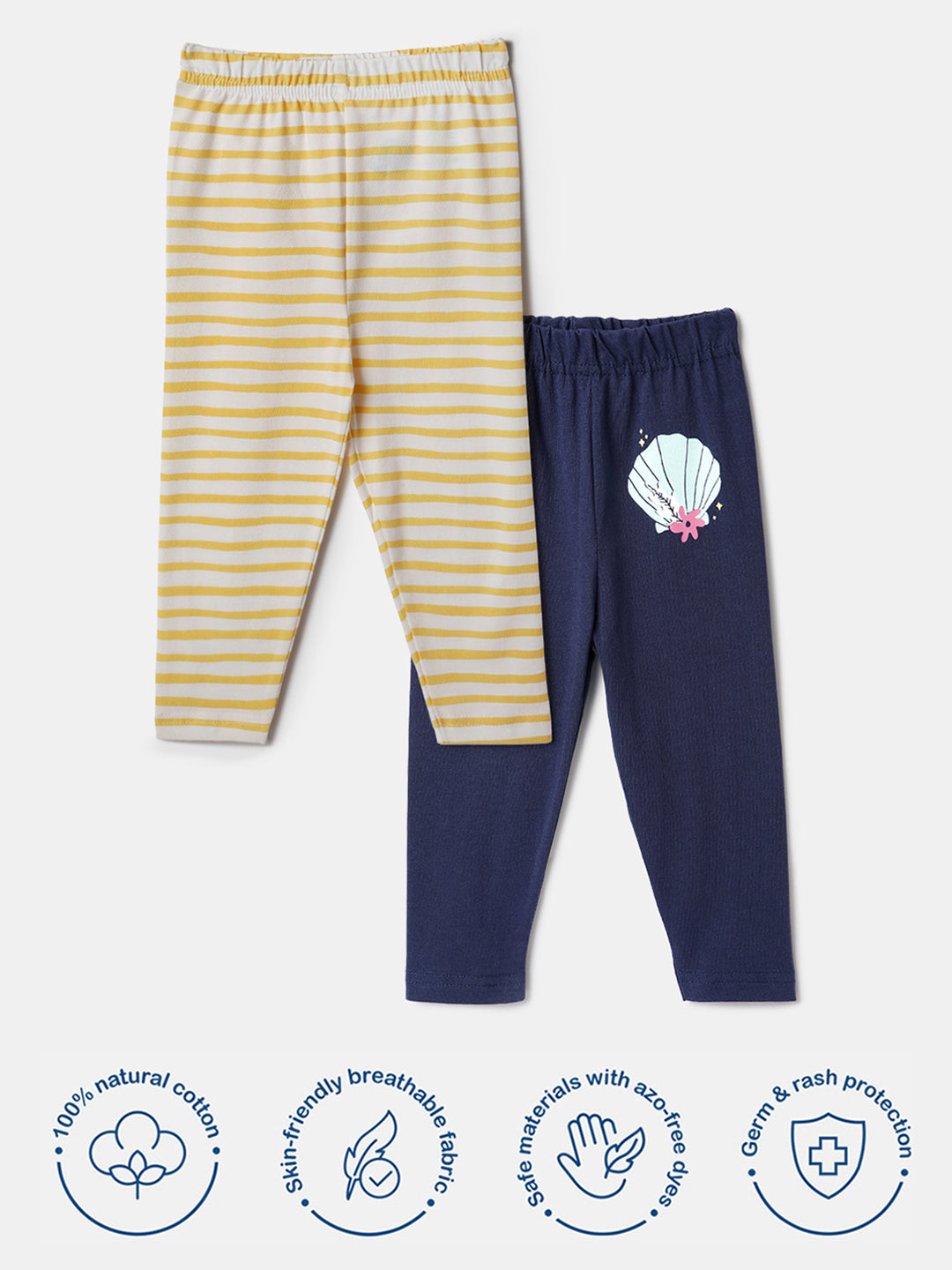Nautinati Pack of 2 Yellow Striped and White Printed Leggings for Girls