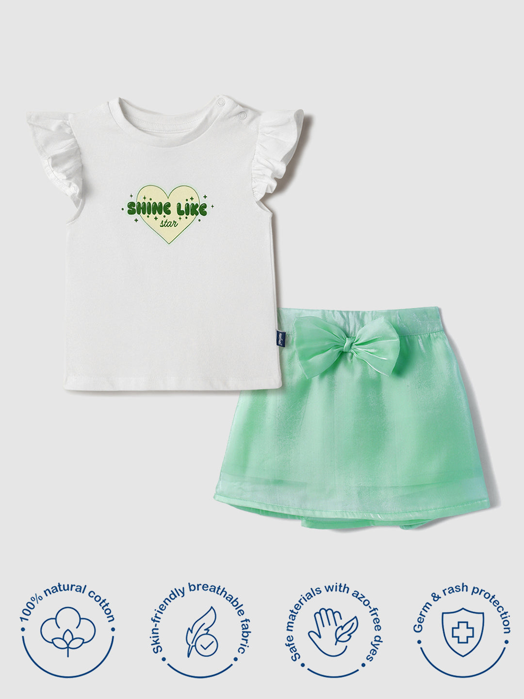 Nautinati Oraganza Green Bow Skirt With White Top Set for Girls