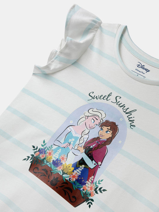 Nautinati Girls' Cotton Frozen Print & Striped Ruffle Sleeves T-shirt