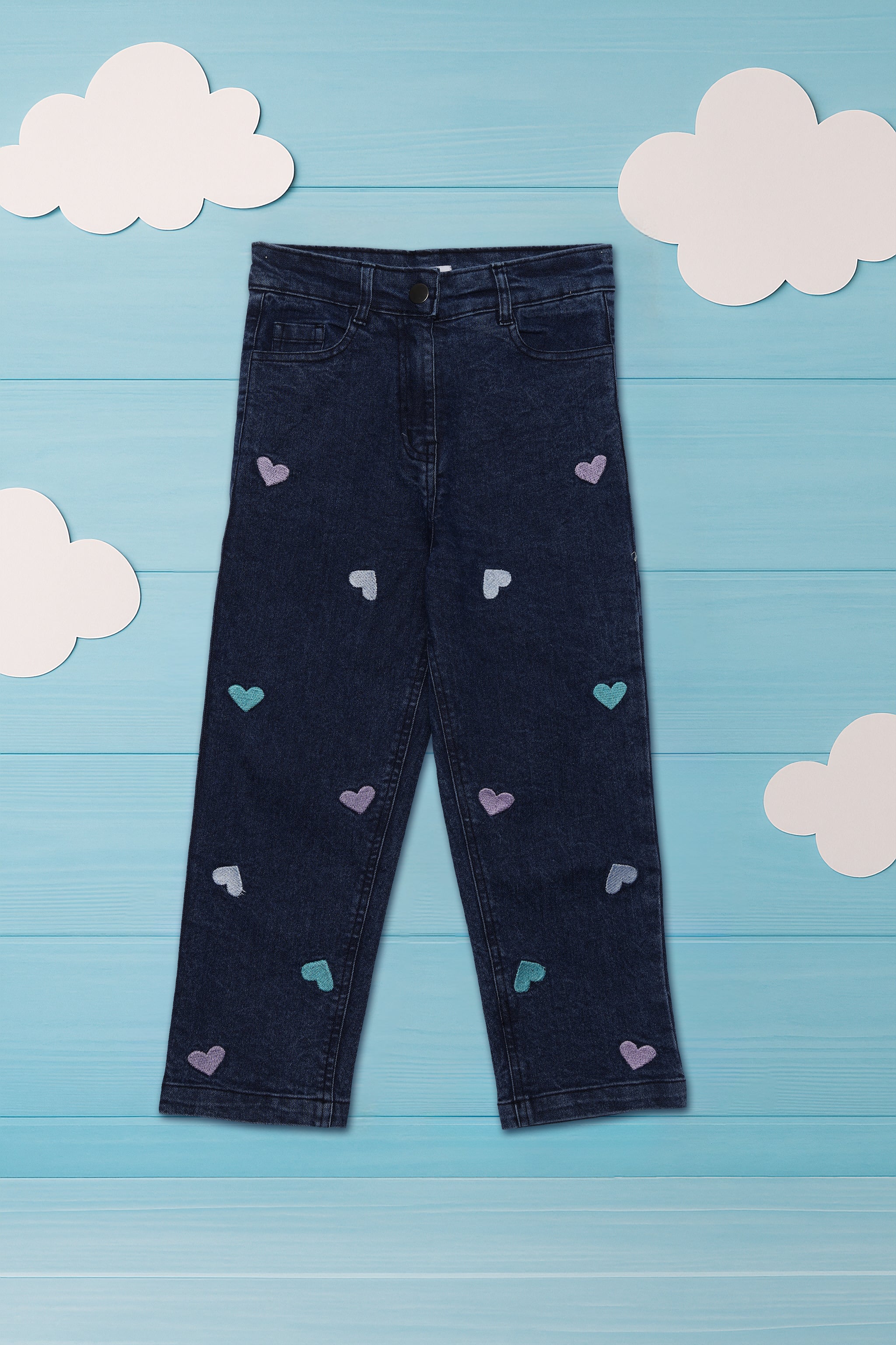 Nautinati Blue Jeans with Heart Embroidery for Girls