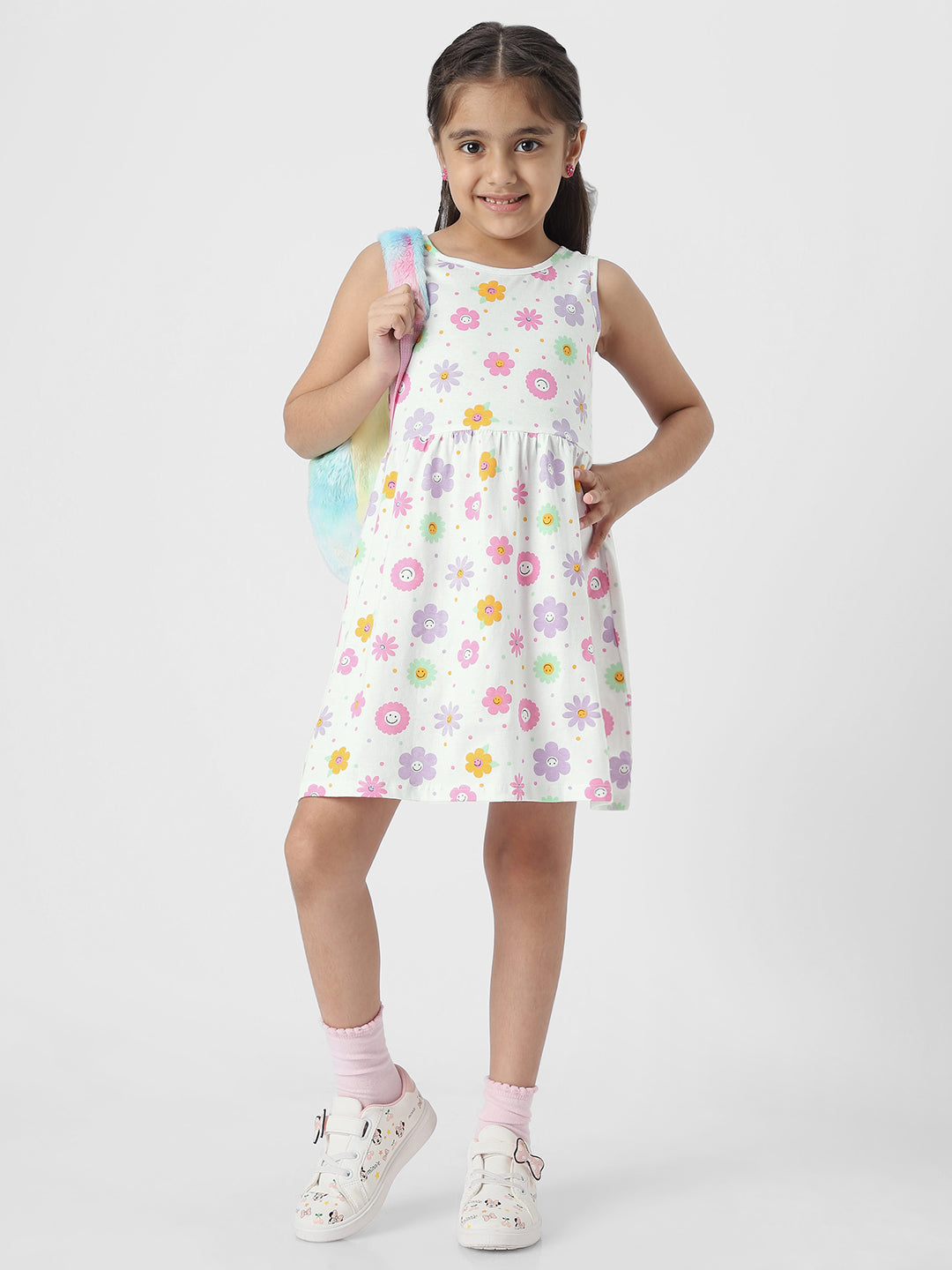 Nauti Nati Digital Girls Printed Sleeveless Round Neck Pure Cotton Casual Dress