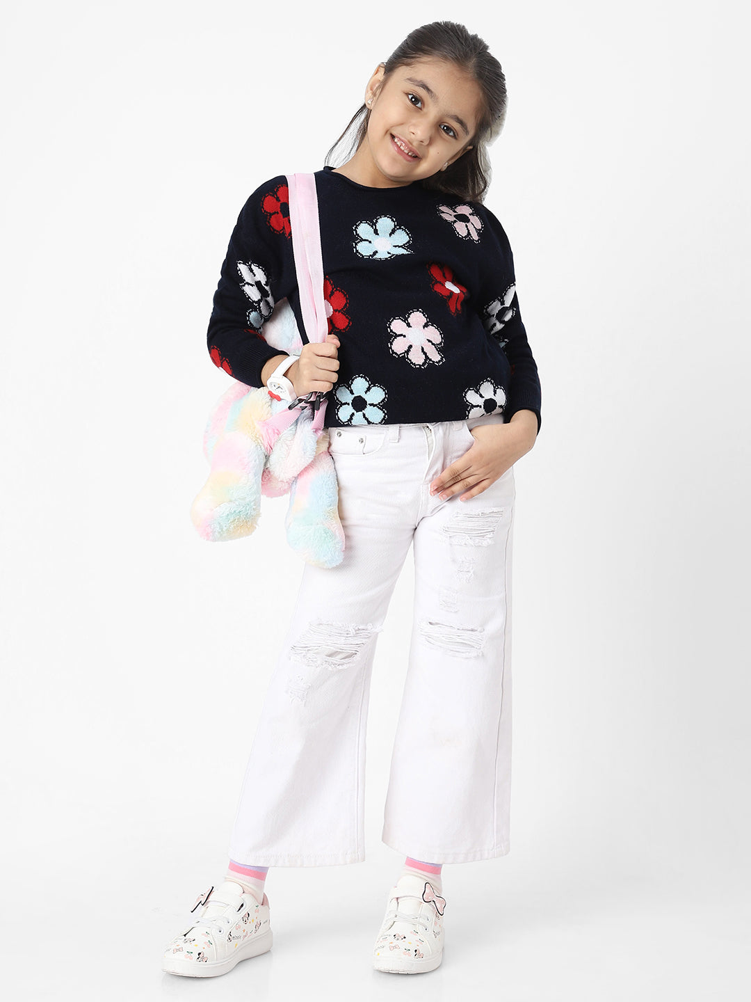 Girls Floral Jacquard Pullover Sweater