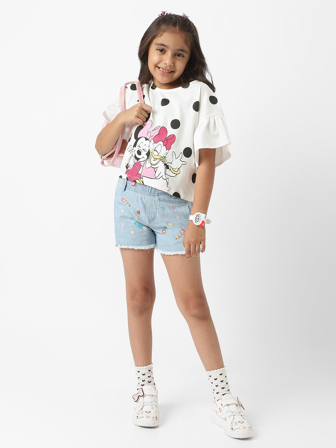 Nautinati Disney Girls Cotton Minnie Mouse & Daisy Polka Printed Flare Sleeves Top