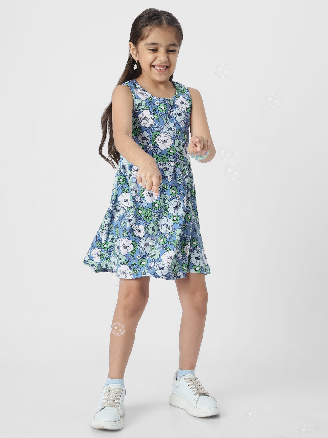 Girls Blue Floral Printed Sleeveless Round Neck A-Line Dress