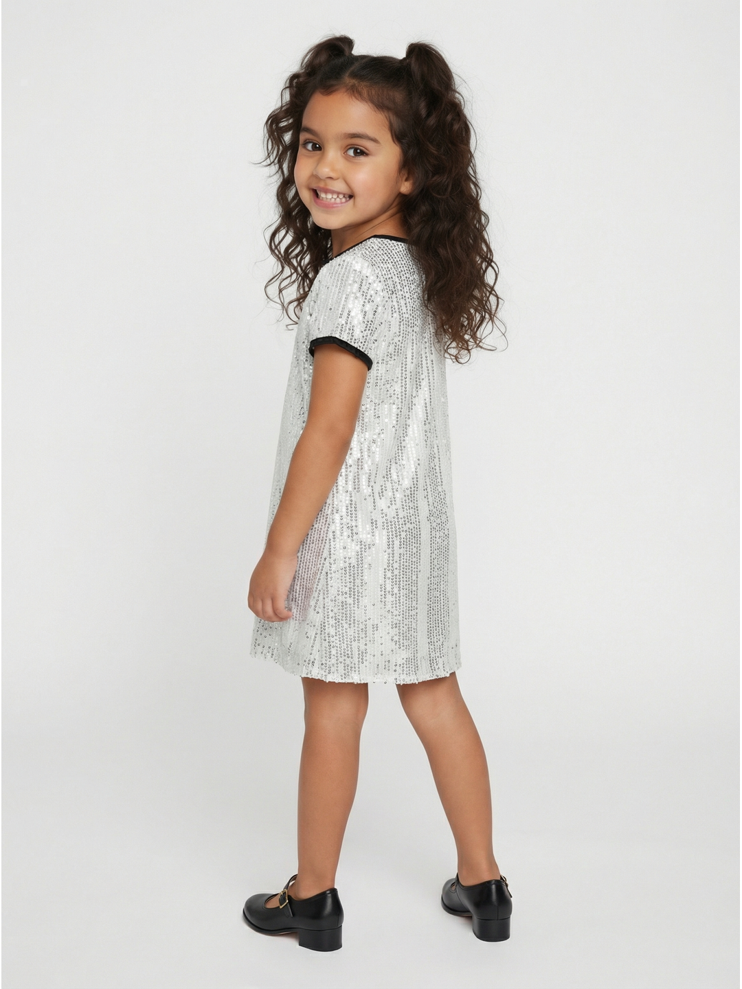 Nautinati Girls' A-line Solid Silver Sequinned Party Dress with Satin Bow