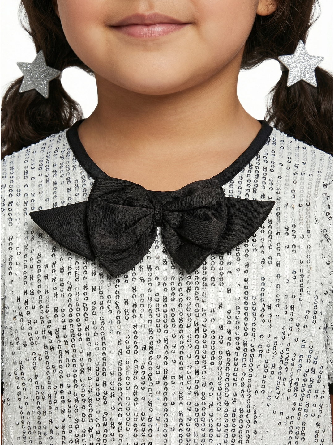 Nautinati Girls' A-line Solid Silver Sequinned Party Dress with Satin Bow