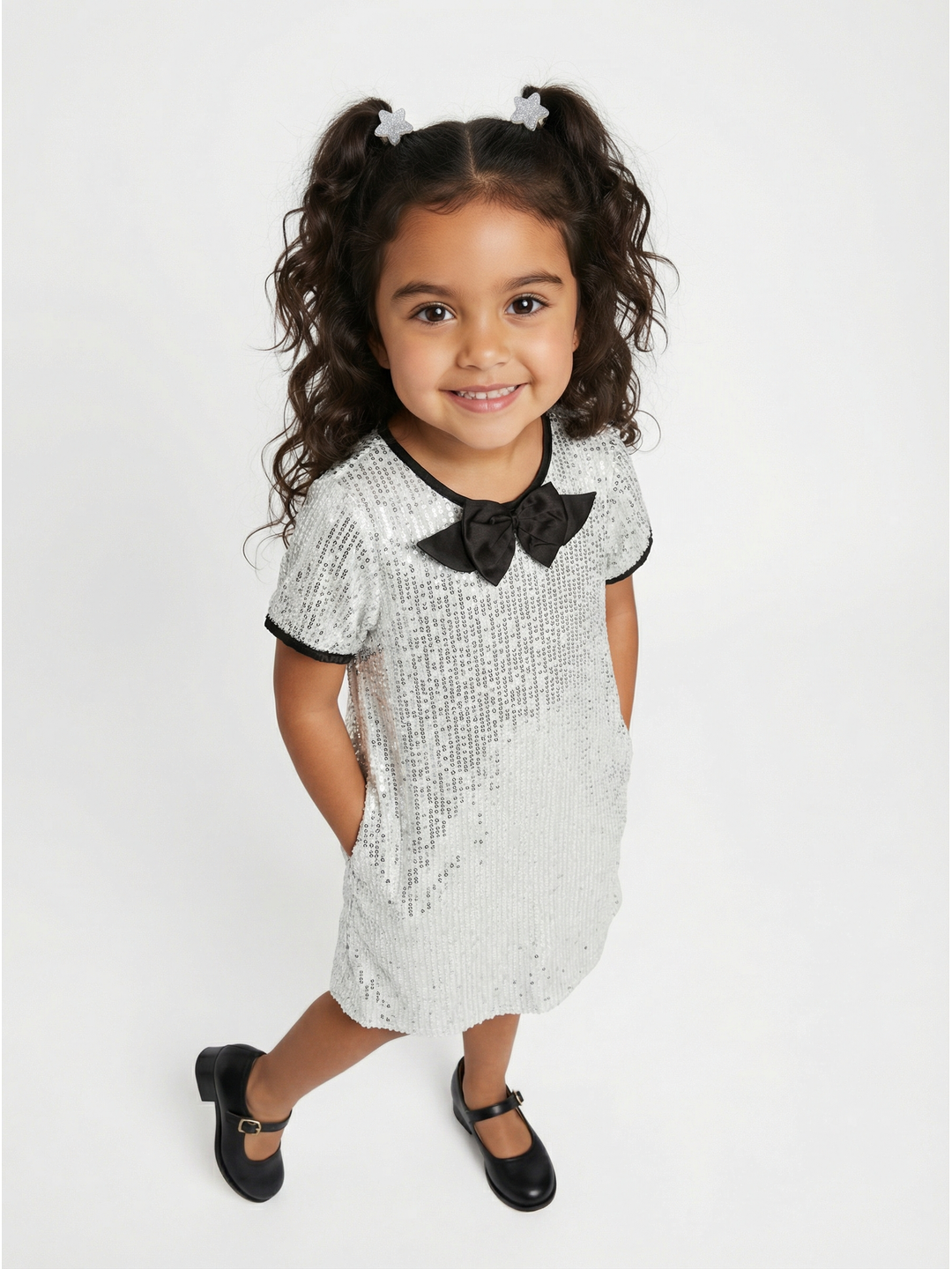 Nautinati Girls' A-line Solid Silver Sequinned Party Dress with Satin Bow