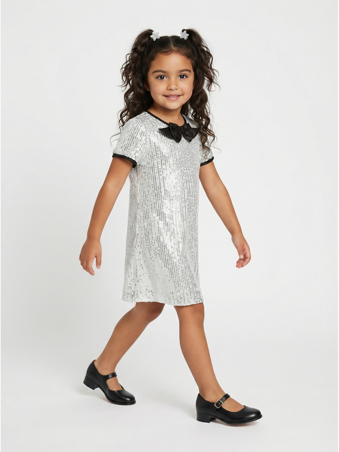 Nautinati Girls' A-line Solid Silver Sequinned Party Dress with Satin Bow