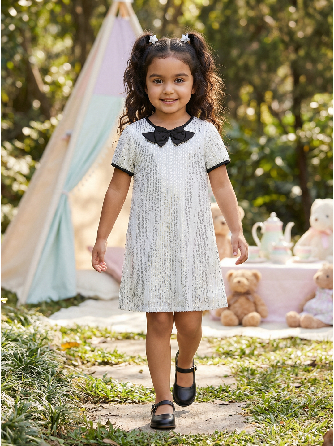 Nautinati Girls' A-line Solid Silver Sequinned Party Dress with Satin Bow