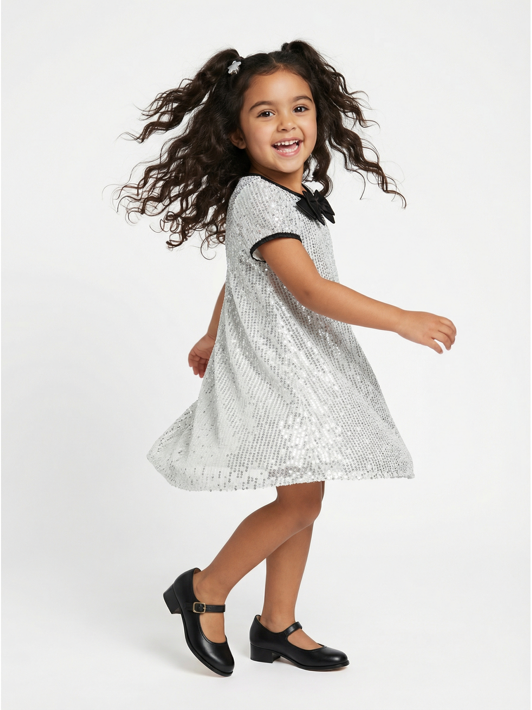 Nautinati Girls' A-line Solid Silver Sequinned Party Dress with Satin Bow