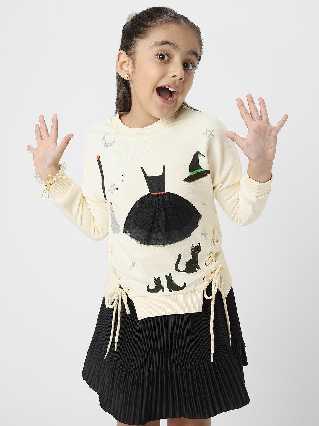 Girls Halloween-Themed Sweatshirt With Lace Inserts