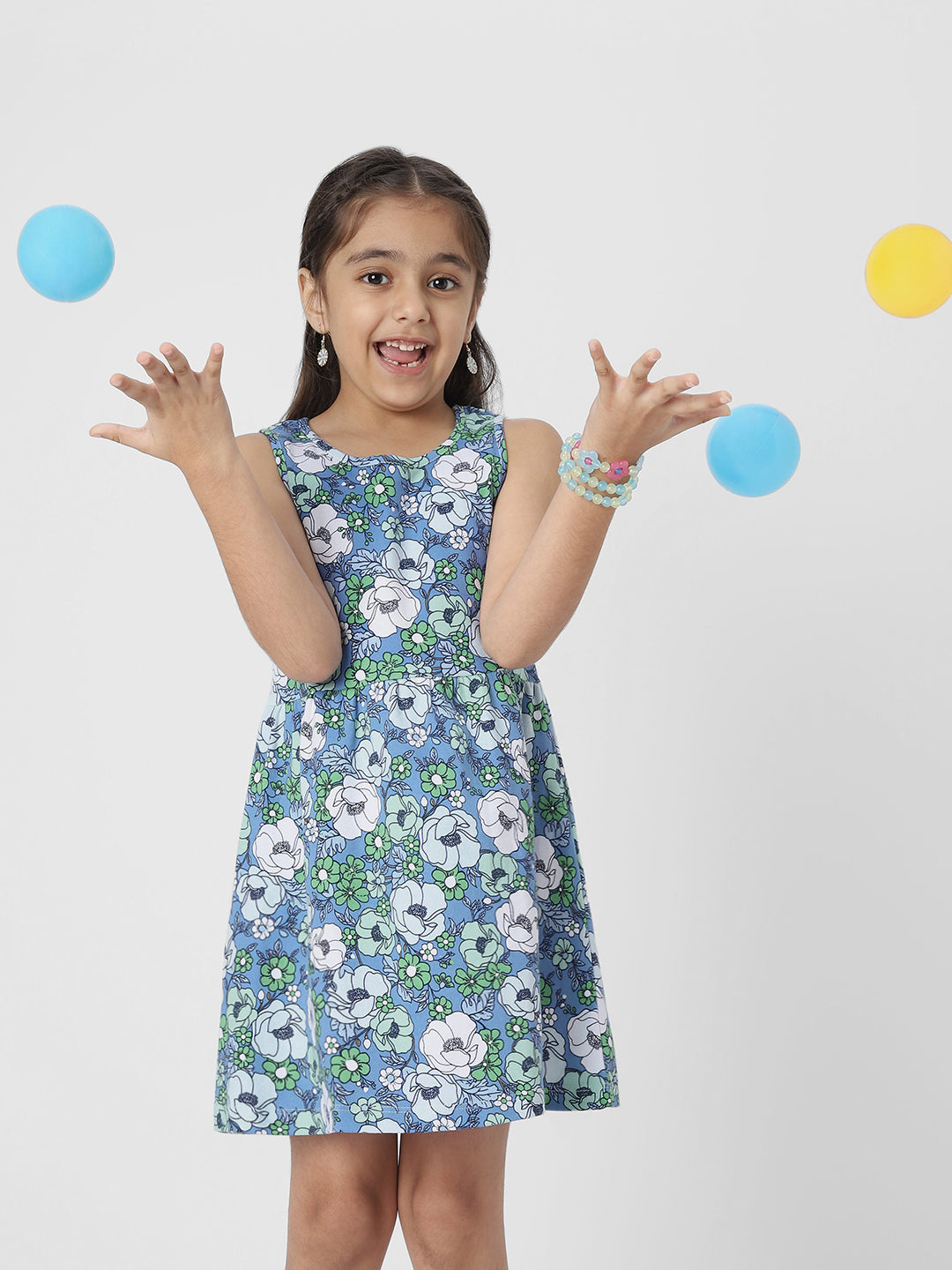 Girls Blue Floral Printed Sleeveless Round Neck A-Line Dress