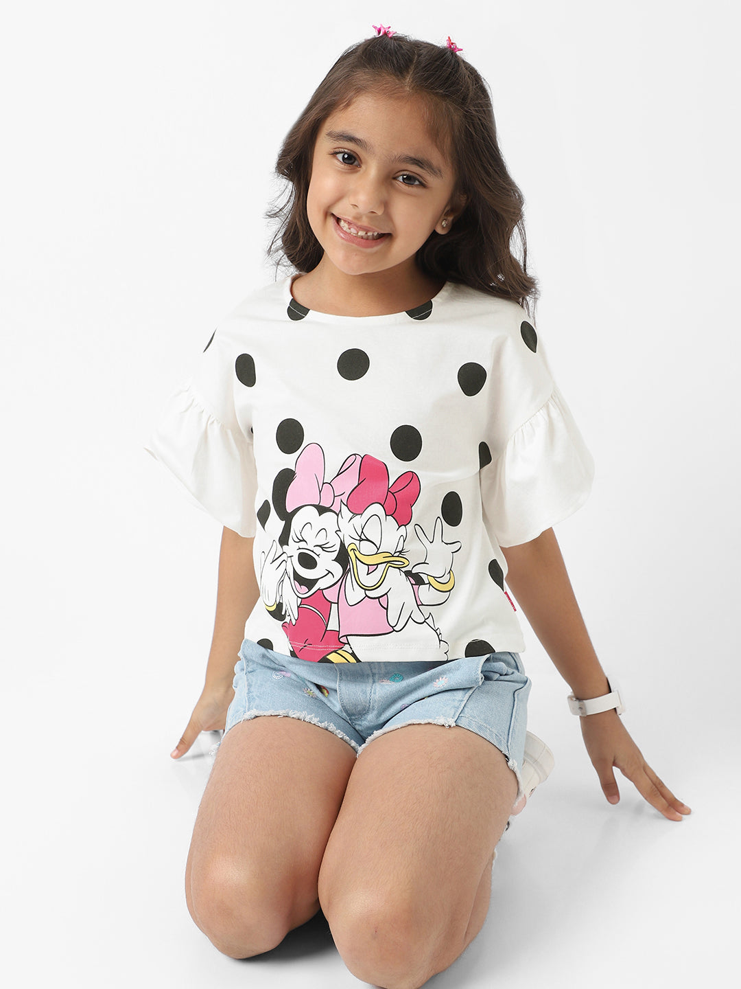 Nautinati Disney Girls Cotton Minnie Mouse & Daisy Polka Printed Flare Sleeves Top