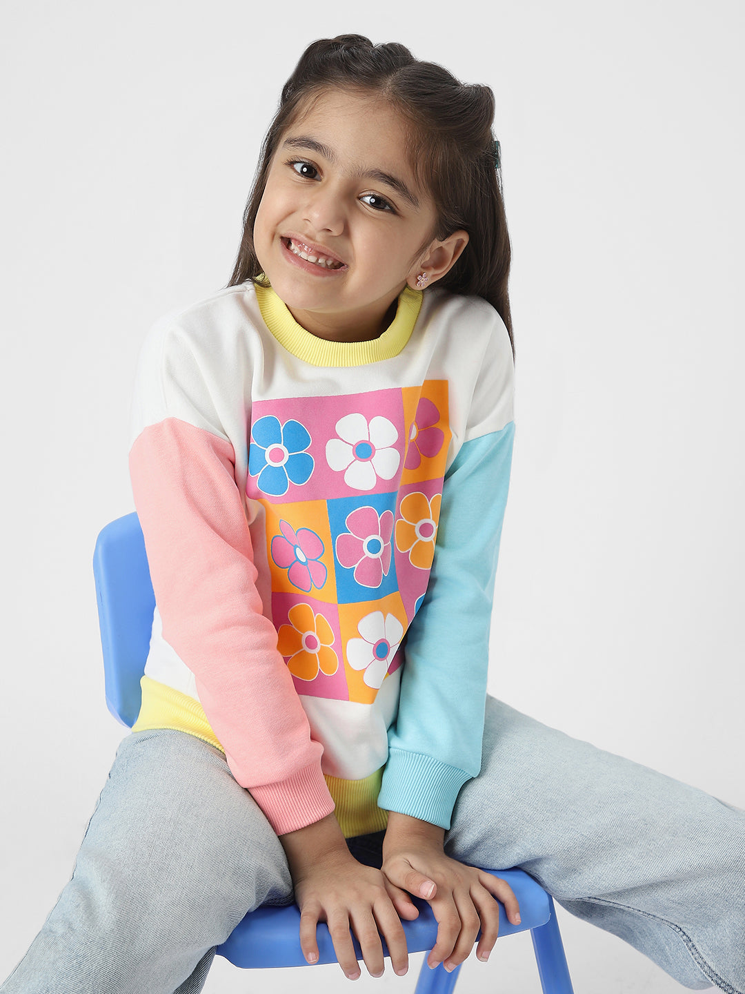 Girls Floral Printed Colourblock Sweatshirt