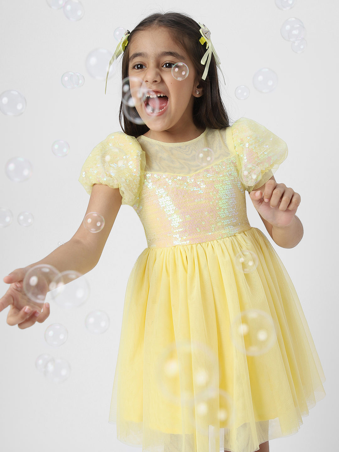 Nautinati Girls' Embellished Dress With Puff Sleeves
