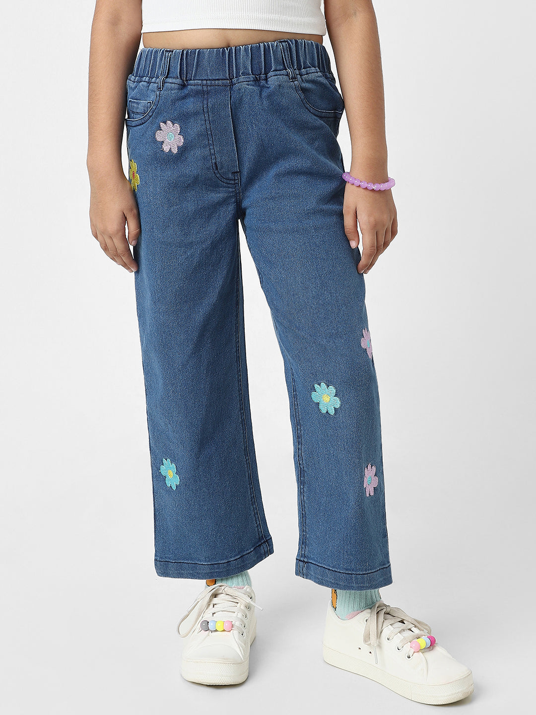 Nautinati Girls' Cotton Denim Jeans with Little Flower Appliques