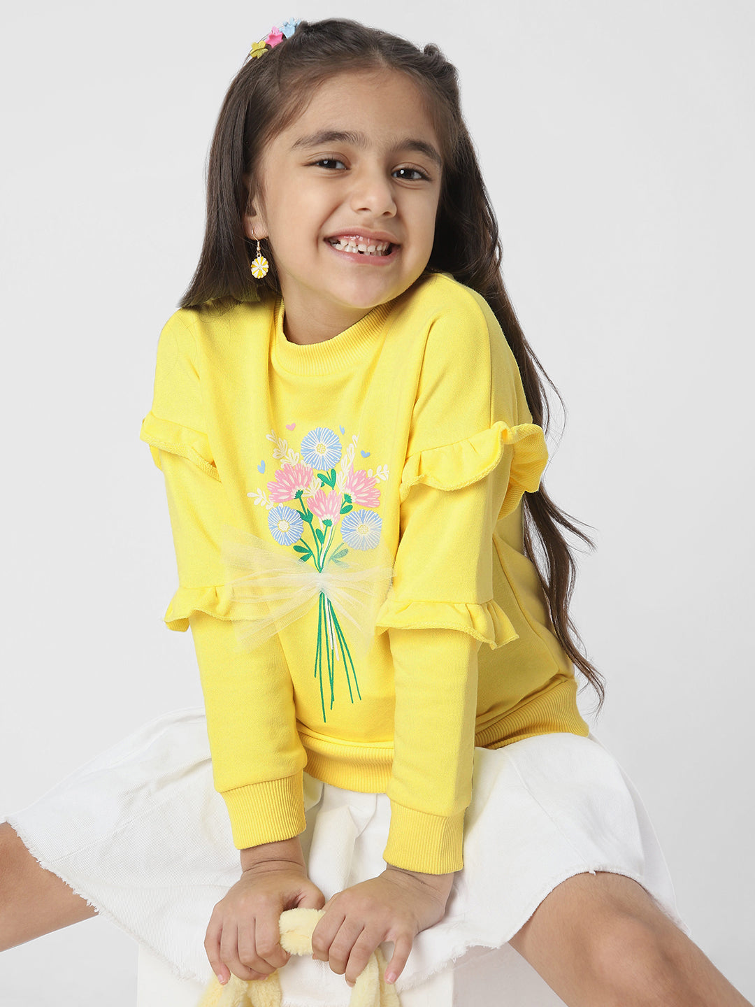 Girls Floral Printed Sweatshirt With Ruffle Detail