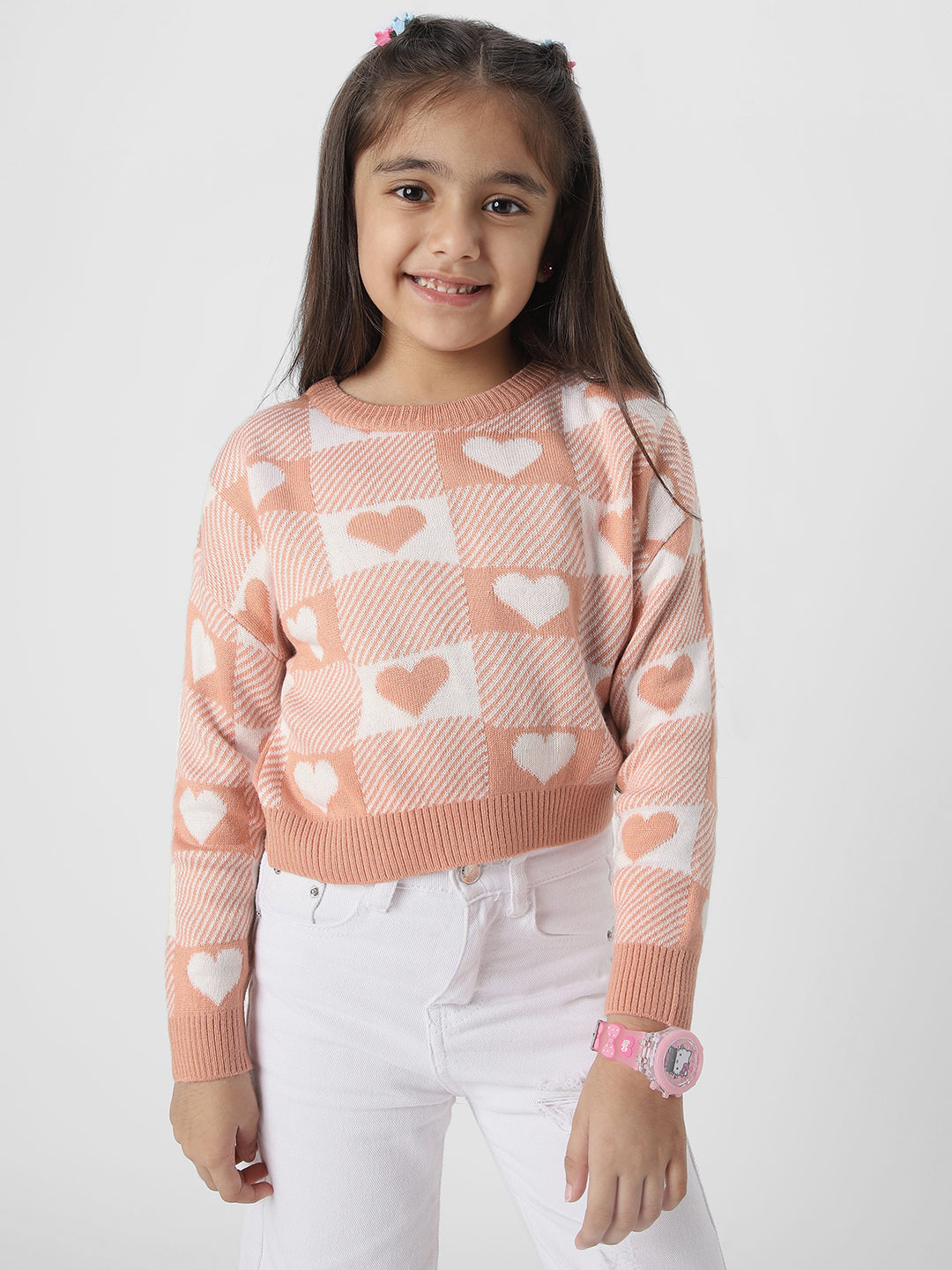 Girls Pink Self Design Acrylic Pullover Sweater