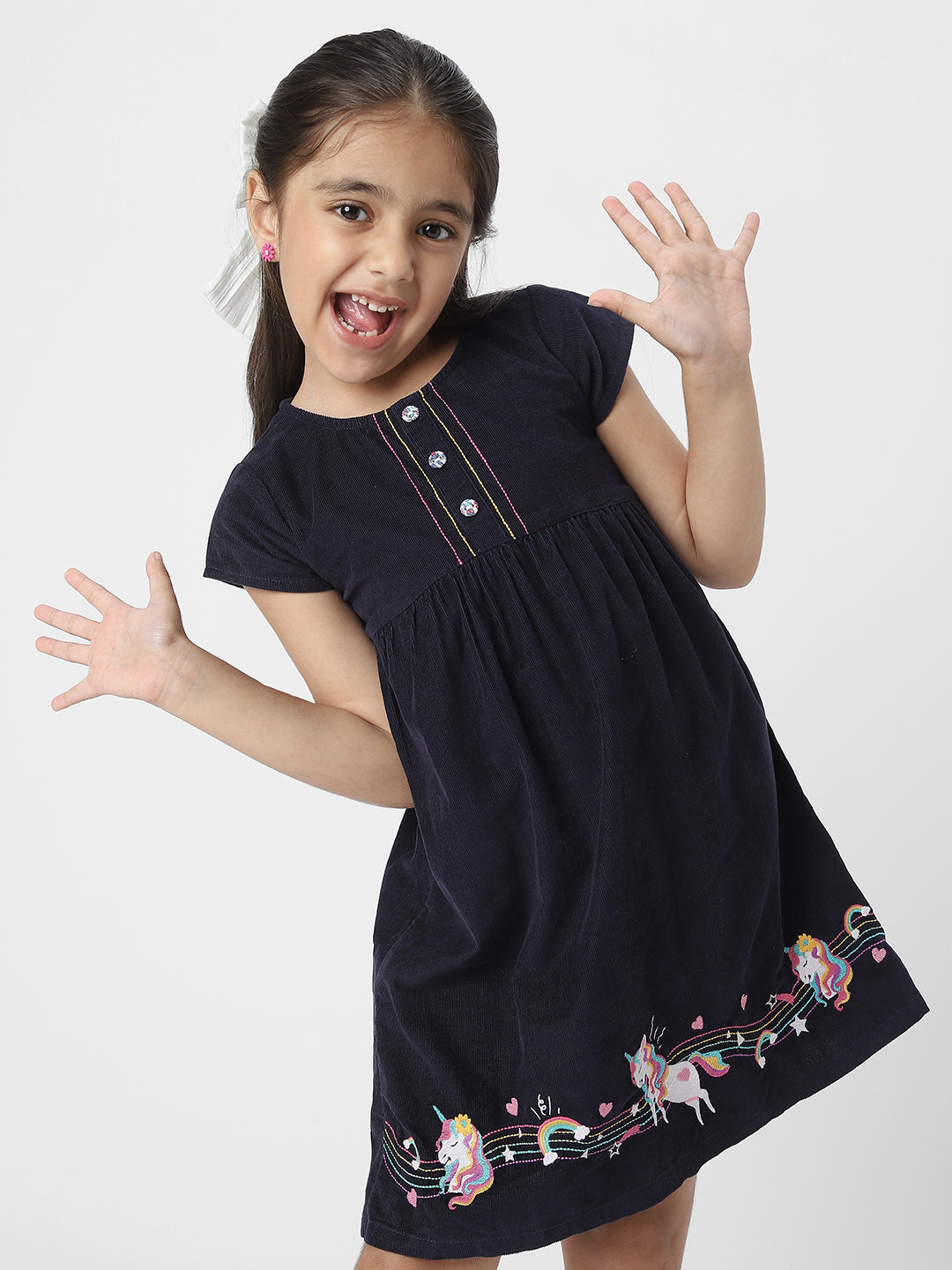 UNICORN EMBROIDERD FIT & FLARED CORDUROY DRESS