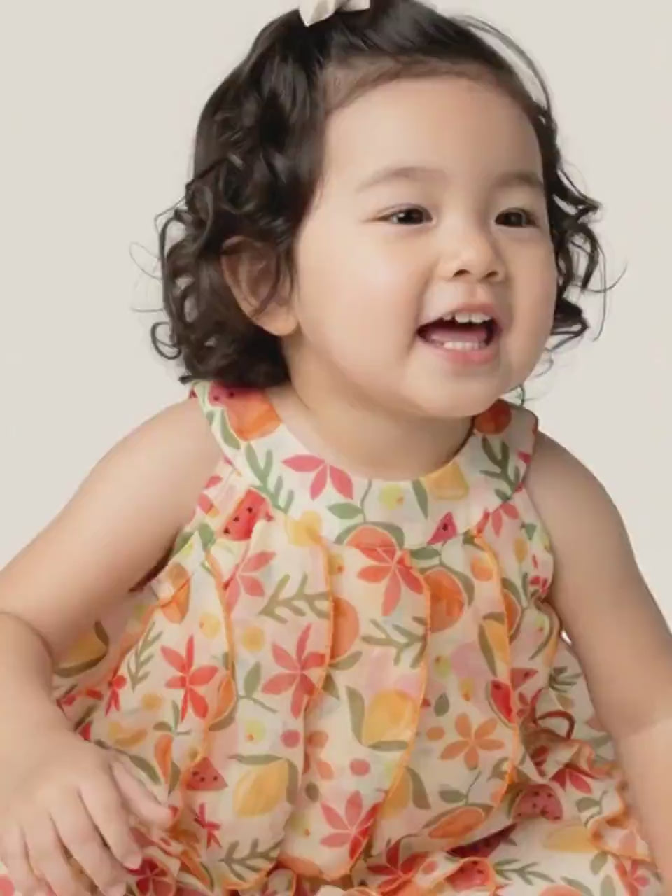 Nautinati Baby Girls' A-line Strappy Ruffle Dress with Multicolour All-over Tropical Fruits like Watermelon, Orange, Lemon Print & 3D Embelishments