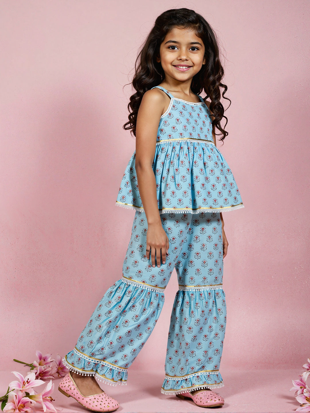 Nautinati Girls' Cotton Festive Printed Top and Sharara Set | Age 2 - 10 Years