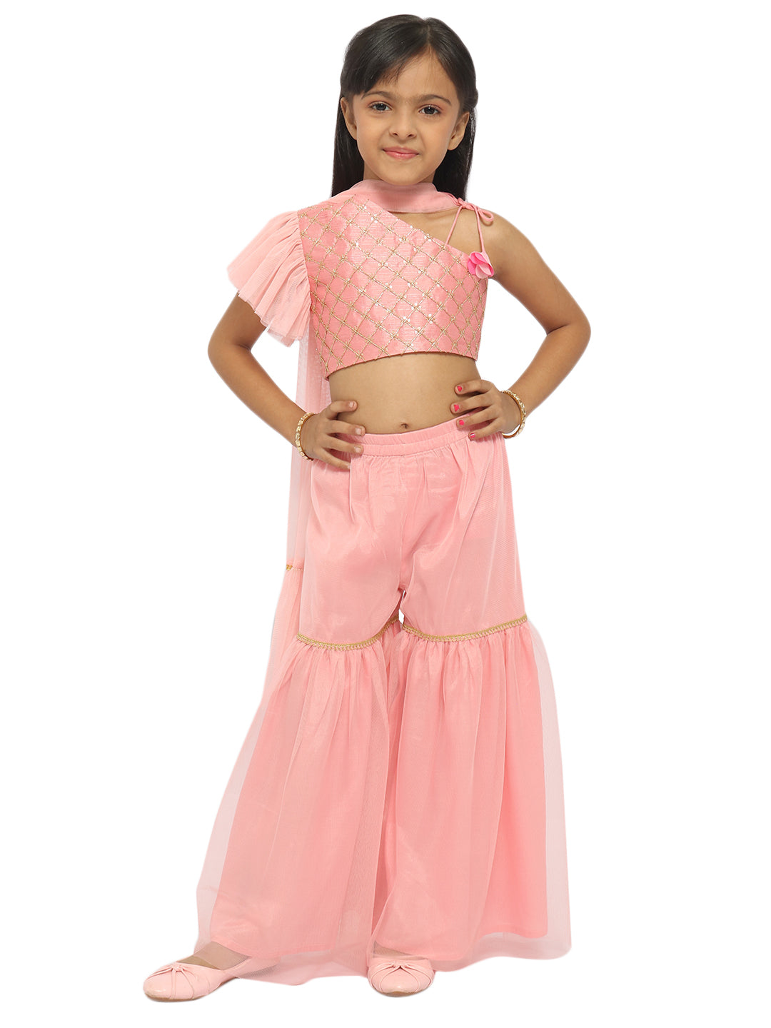 Nautinati Girls Embroidered Thread Work Top With Sharara Dupatta