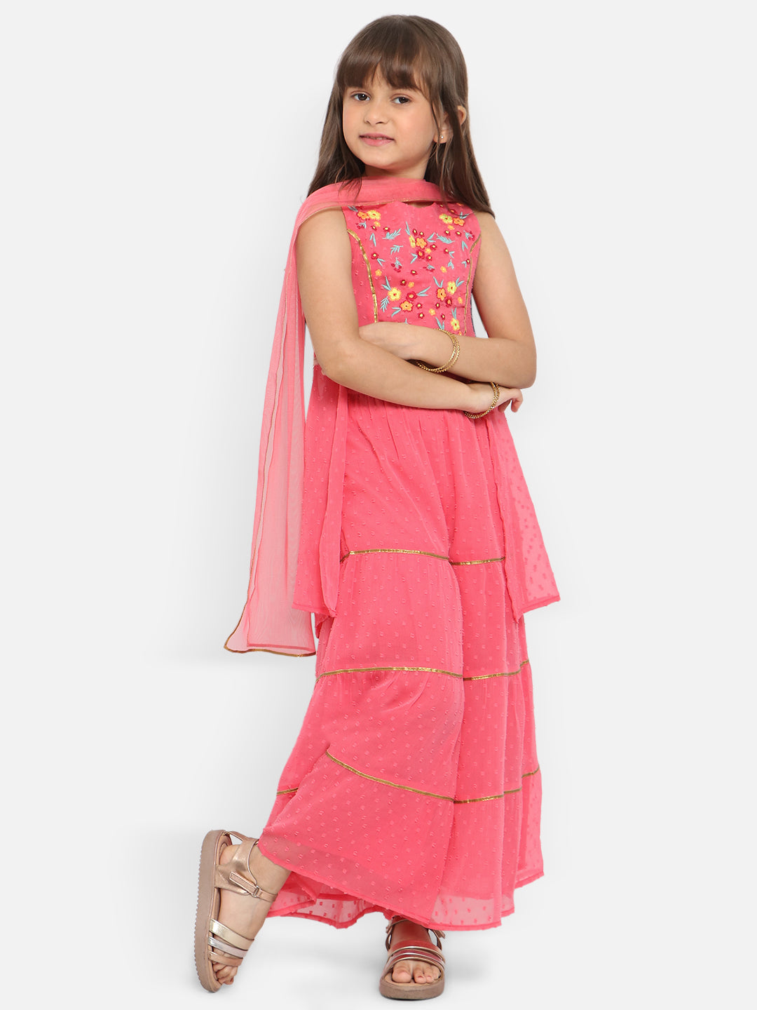 Nautinati Girls Floral Embroidered Panelled Gotta Patti Top With Sharara Dupatta