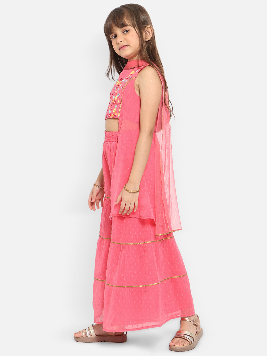 Nautinati Girls Floral Embroidered Panelled Gotta Patti Top With Sharara Dupatta