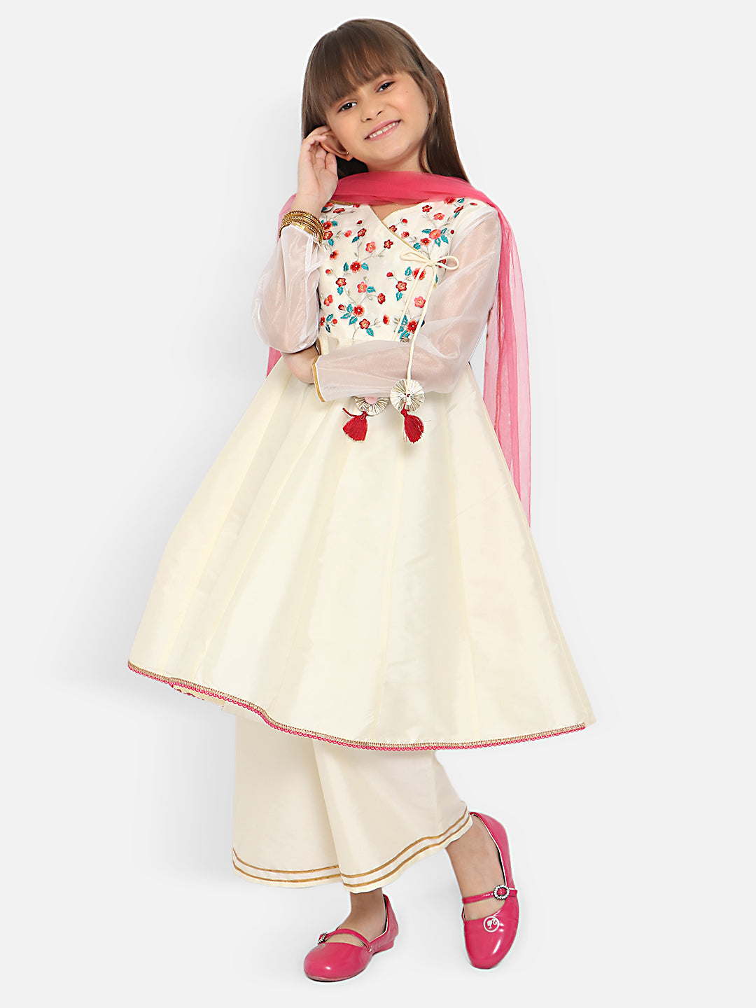 Nautinati Girls Floral Embroidered Angrakha Thread Work Kurta With Trousers Dupatta