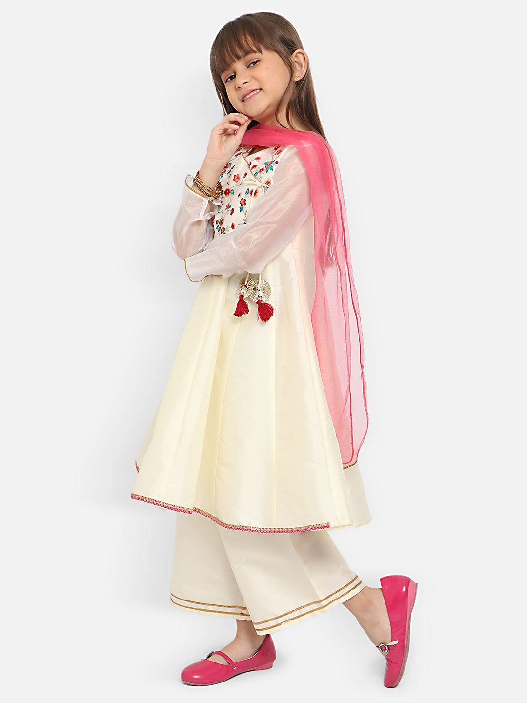 Nautinati Girls Floral Embroidered Angrakha Thread Work Kurta With Trousers Dupatta