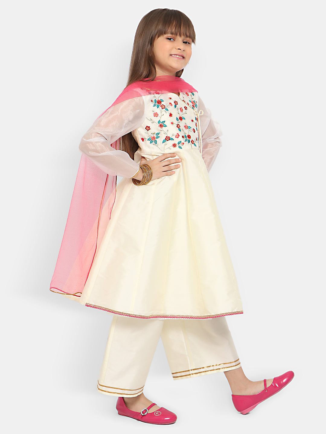 Nautinati Girls Floral Embroidered Angrakha Thread Work Kurta With Trousers Dupatta