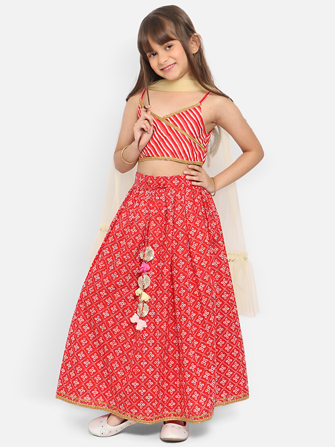 Nautinati Girls Printed Ready To Wear Cotton Lehenga Choli With Dupatta