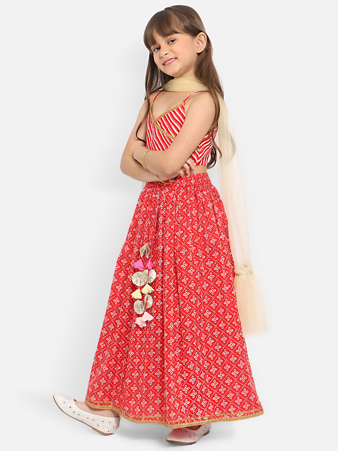 Nautinati Girls Printed Ready To Wear Cotton Lehenga Choli With Dupatta